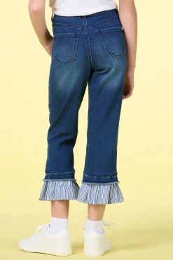 Girls Stripe Ruffled Hem Jeans