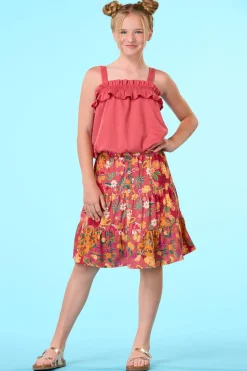 Girls Tiered Button Floral Skirt