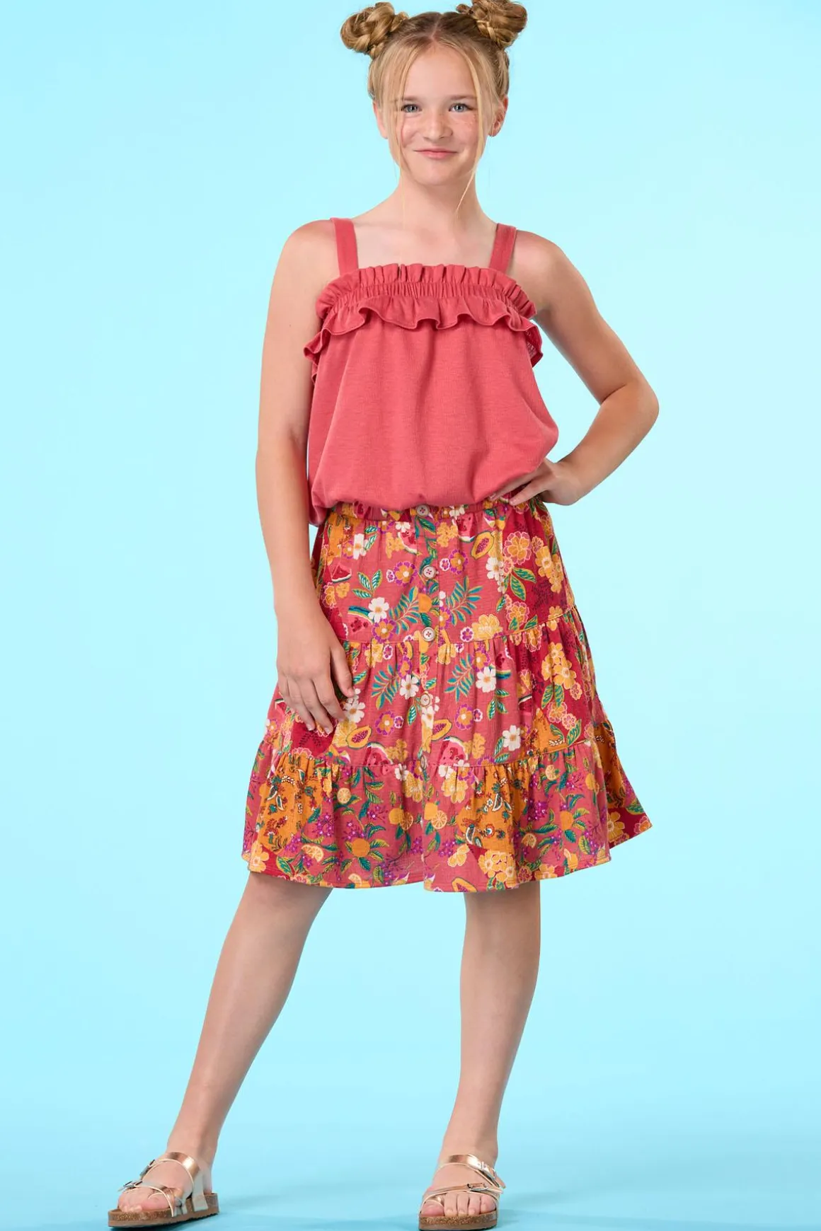 Girls Tiered Button Floral Skirt