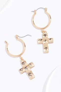 Gold Cross Charm Hoop Earrings