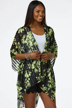 Green Floral Illusion Stripe Kimono