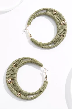 Green Raffia Wrapped Hoop Earrings