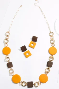 Green Wood Gold Ring Long Necklace Set