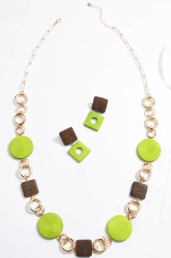 Green Wood Gold Ring Long Necklace Set