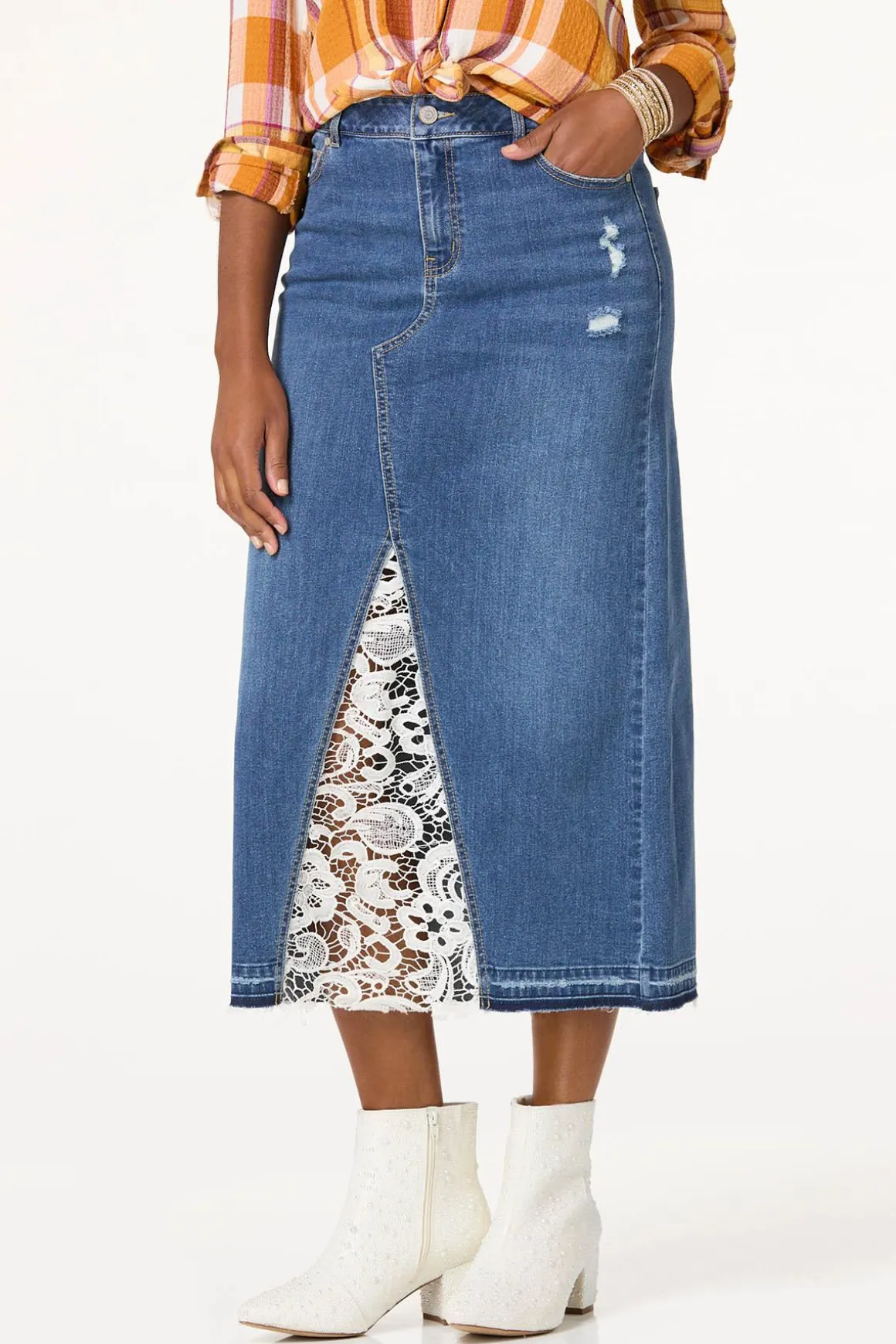 Lace Inset Denim Skirt