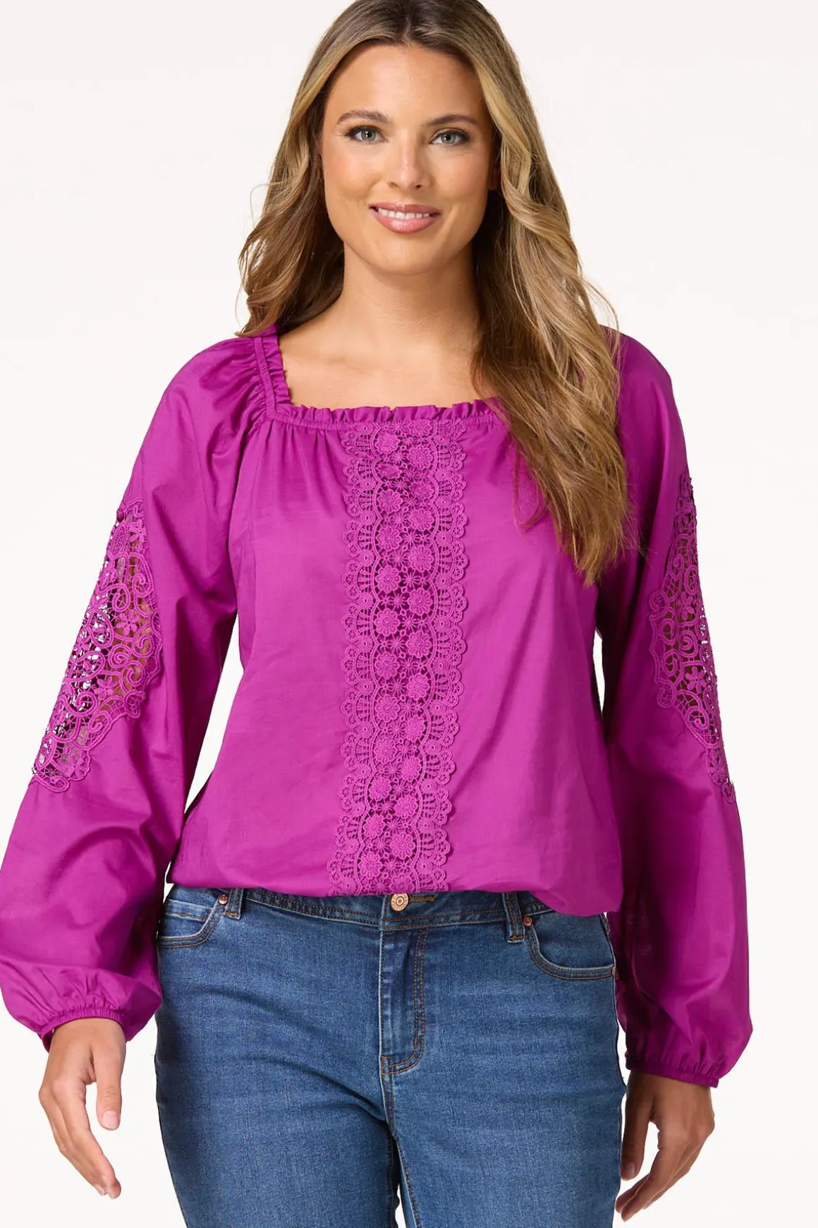 Lace Panel Balloon Sleeve Top