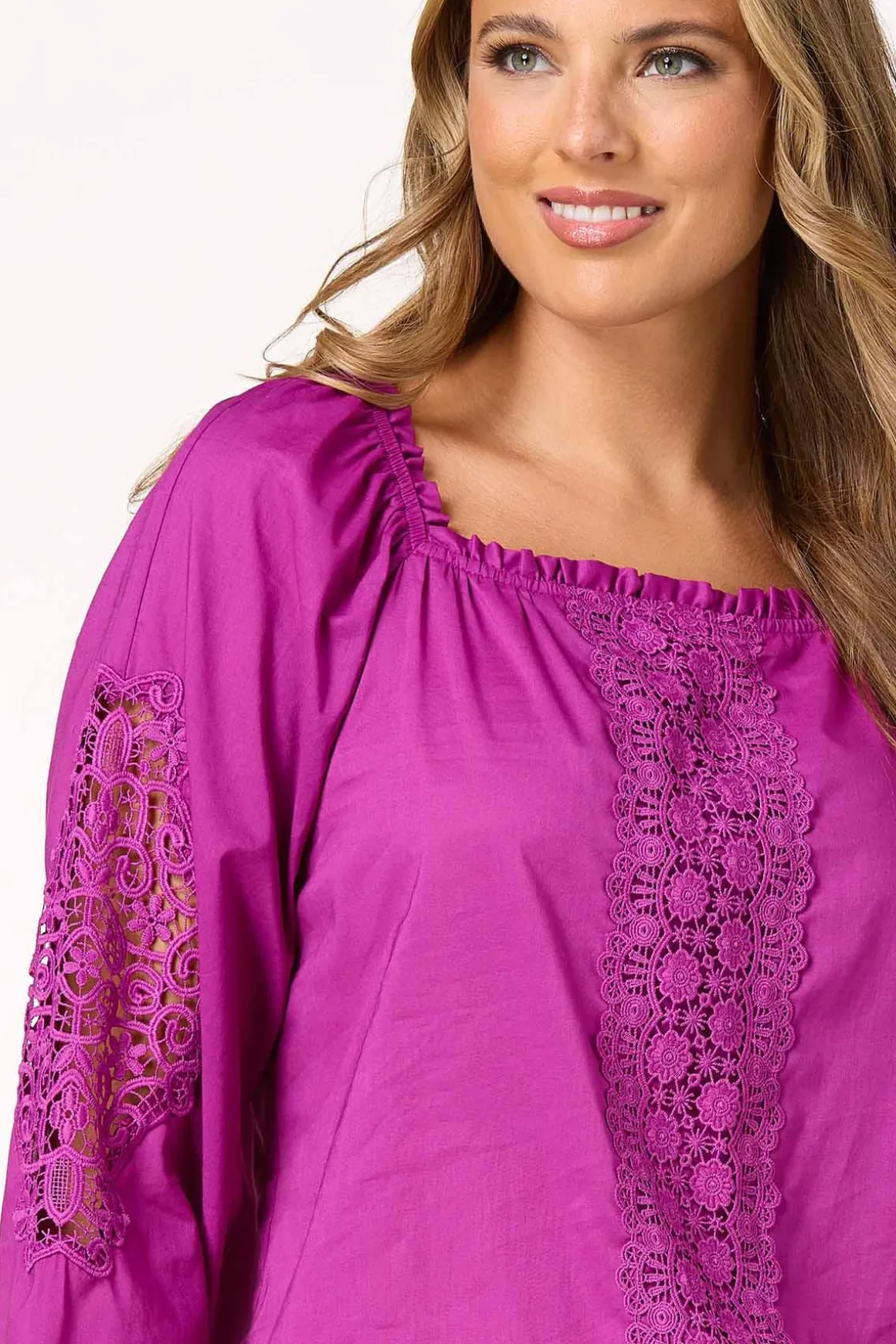 Lace Panel Balloon Sleeve Top