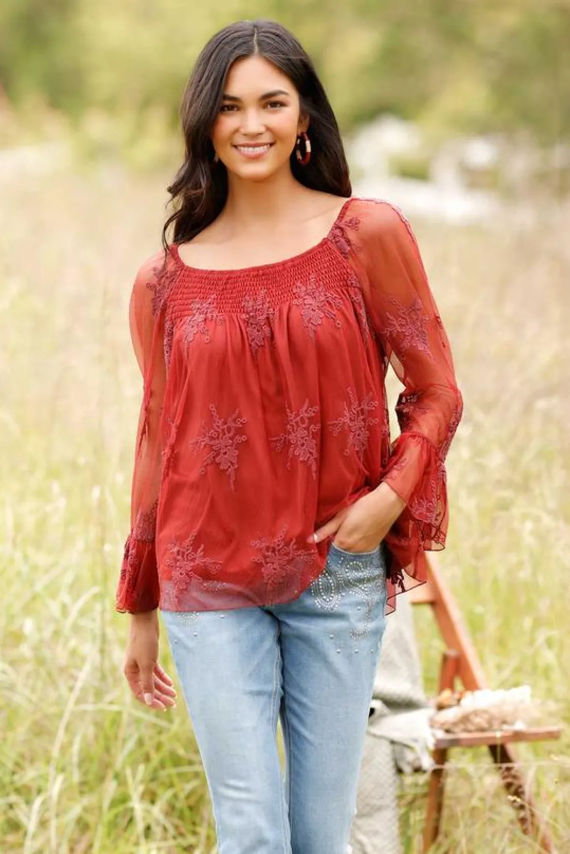 Mesh Embroidered Bell Sleeve Top