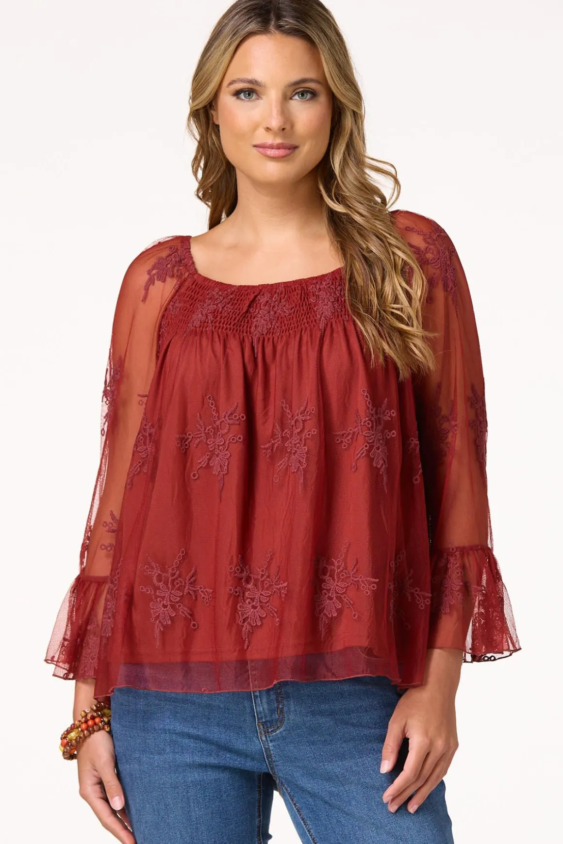 Mesh Embroidered Bell Sleeve Top