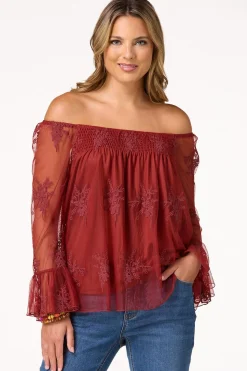 Mesh Embroidered Bell Sleeve Top