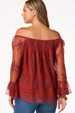 Mesh Embroidered Bell Sleeve Top