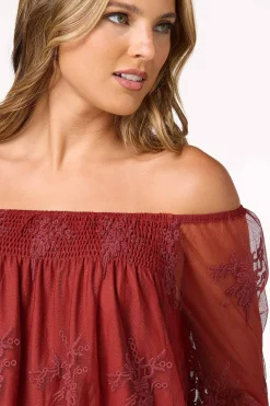 Mesh Embroidered Bell Sleeve Top