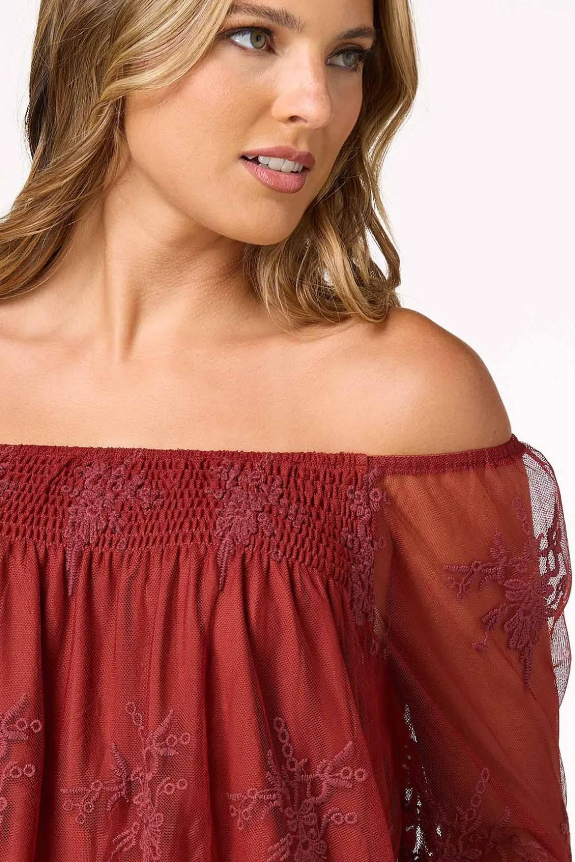 Mesh Embroidered Bell Sleeve Top
