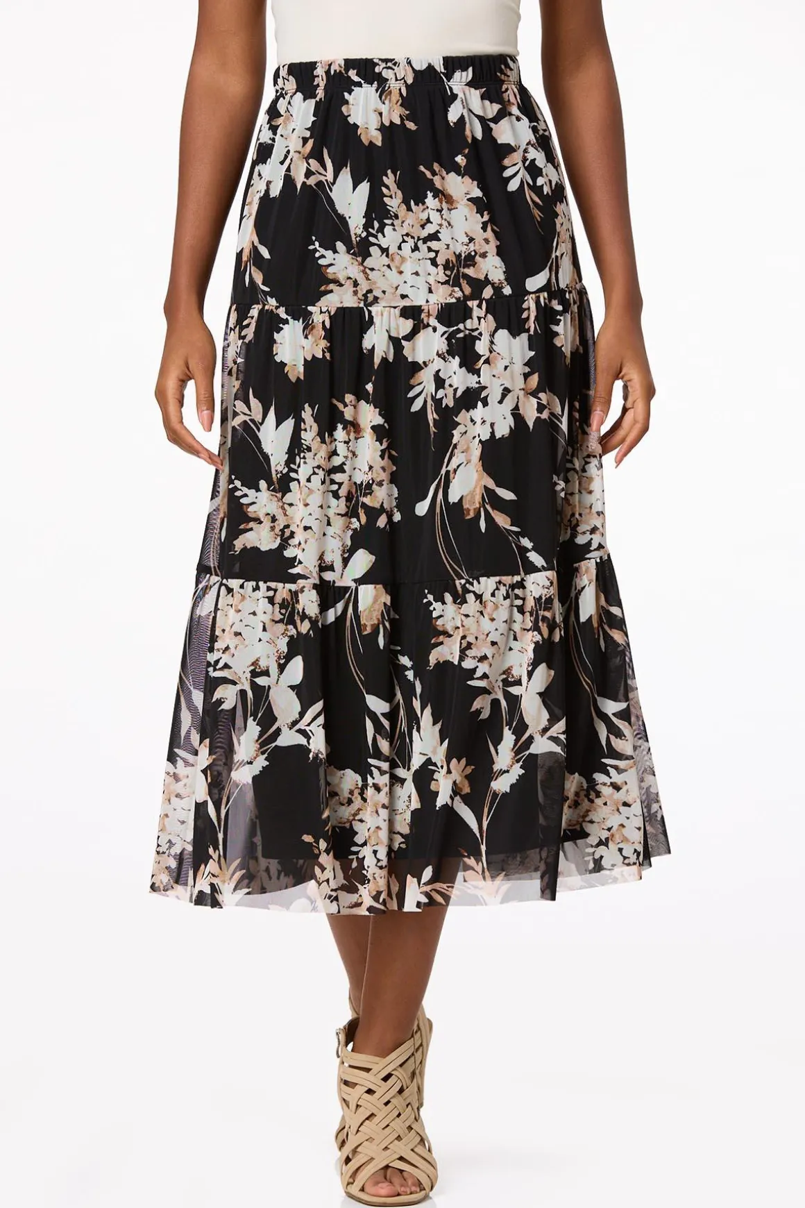 Mesh Floral Midi Skirt