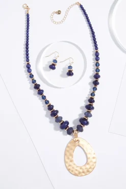 Navy Bead Ring Pendant Necklace Set