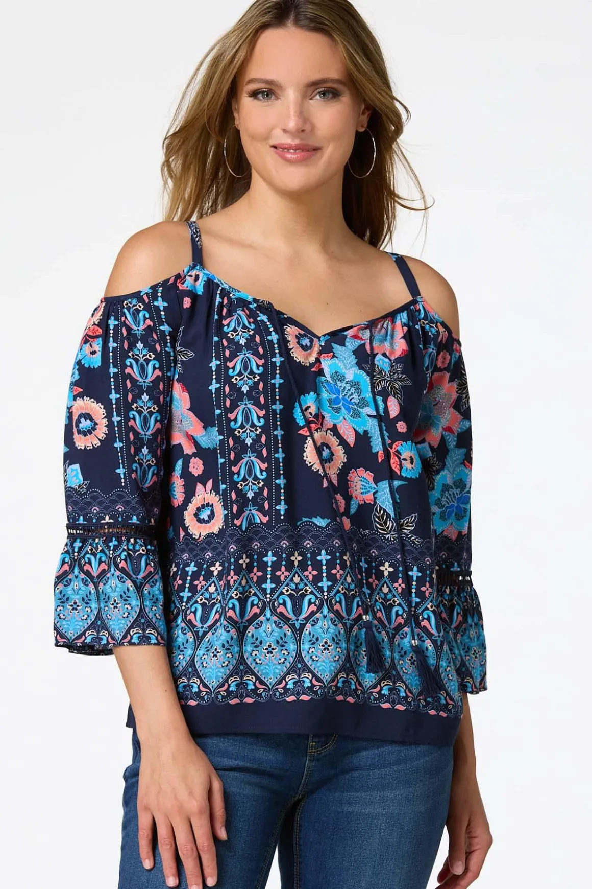 Navy Floral Cold Shoulder Top