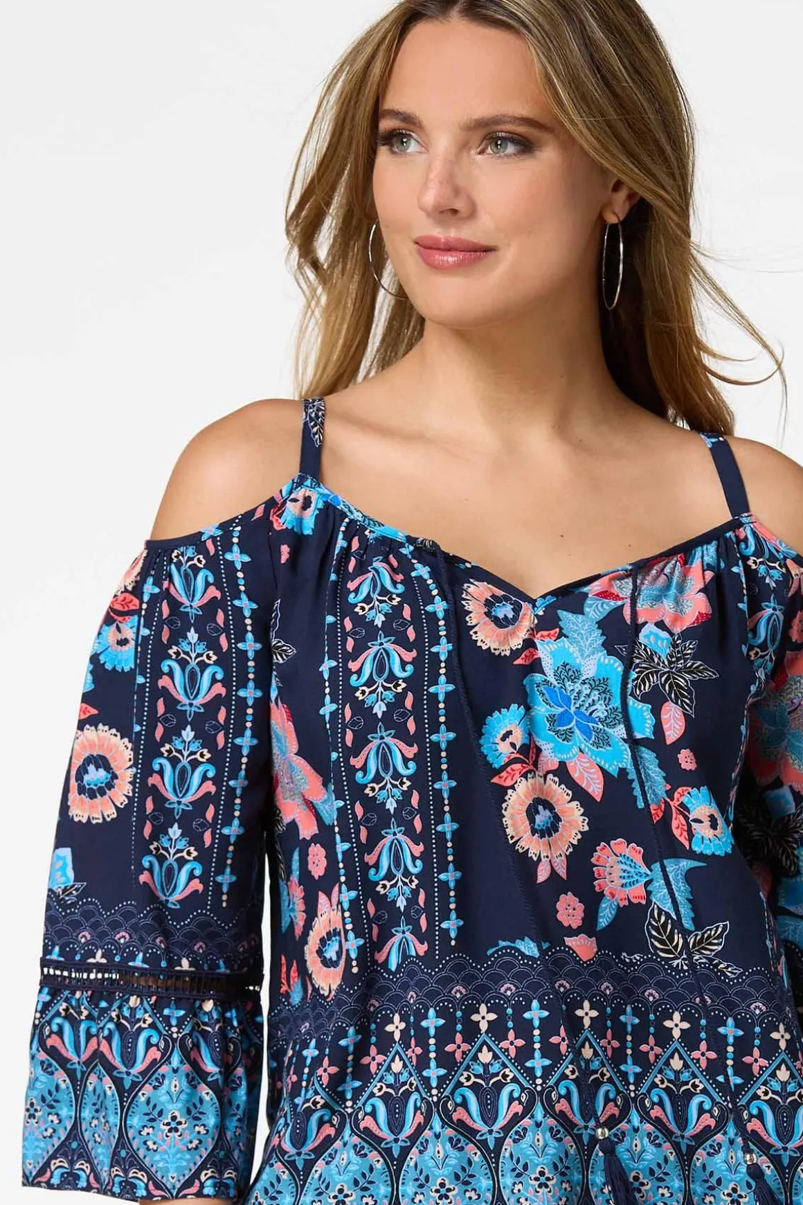 Navy Floral Cold Shoulder Top