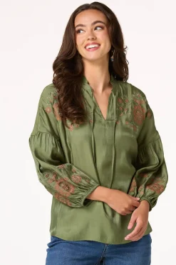 Olive Embroidered Balloon Sleeve Top