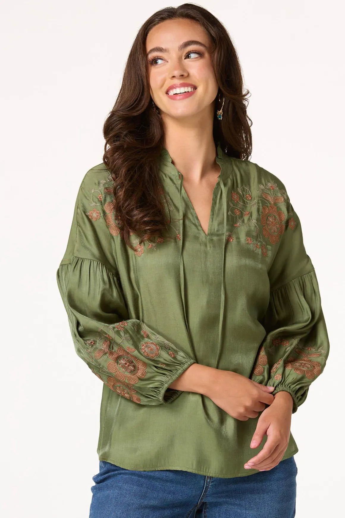 Olive Embroidered Balloon Sleeve Top