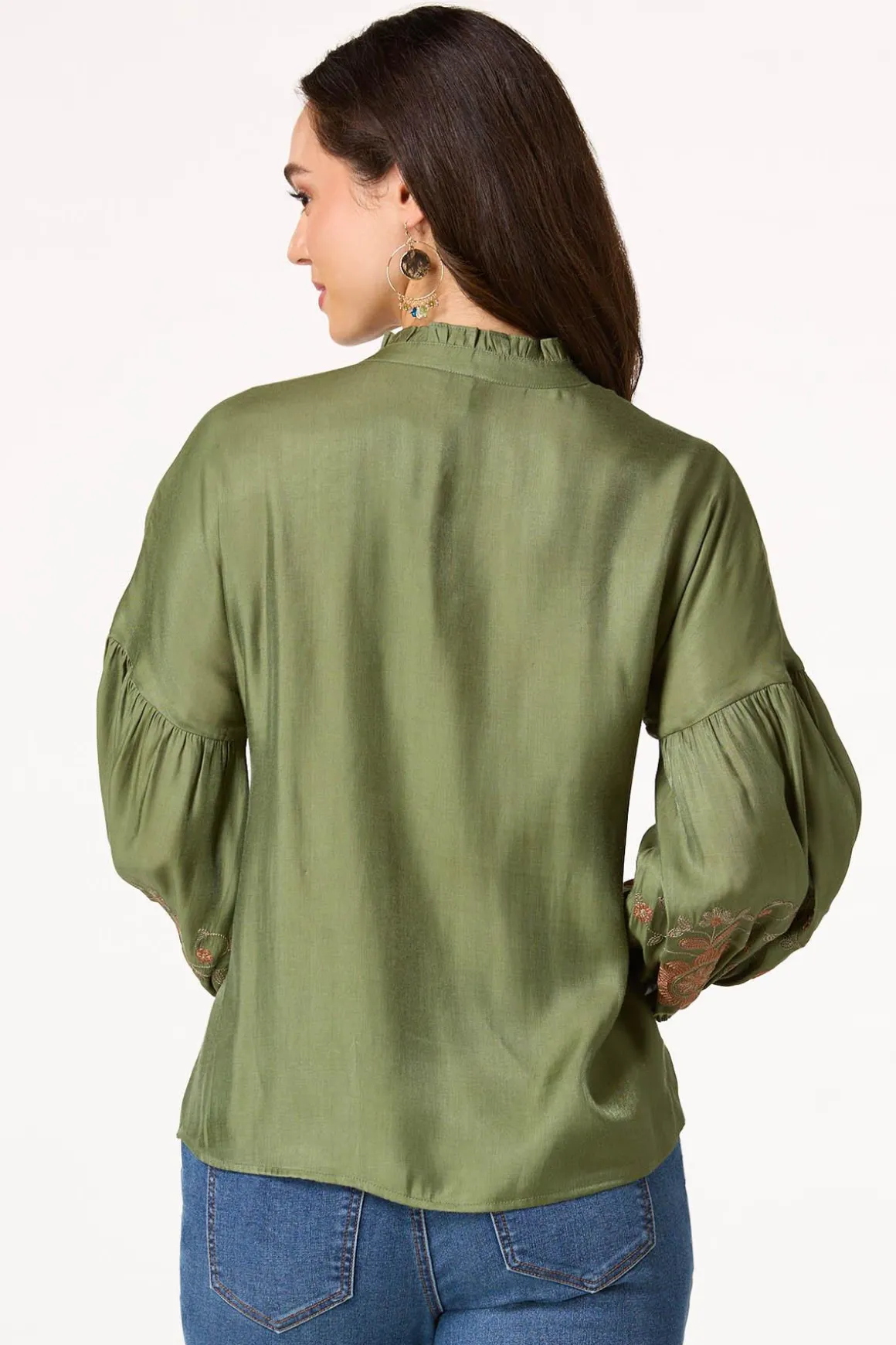 Olive Embroidered Balloon Sleeve Top