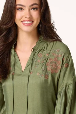 Olive Embroidered Balloon Sleeve Top