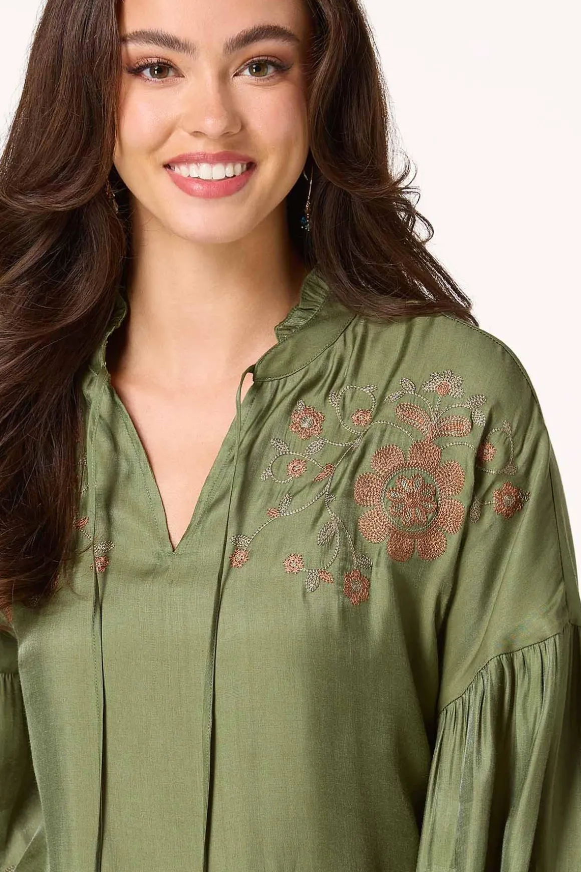 Olive Embroidered Balloon Sleeve Top