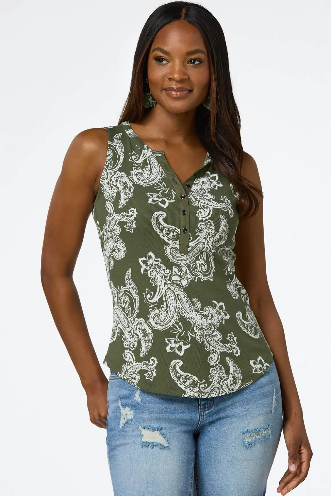 Olive Paisley Ribbed Henley Tank