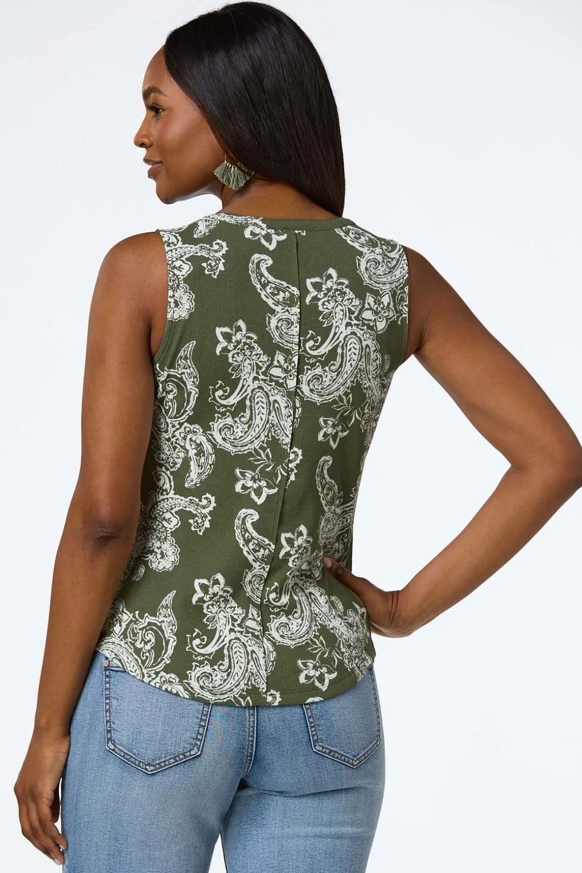 Olive Paisley Ribbed Henley Tank