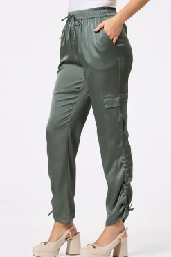 Olive Satin Ruched Joggers