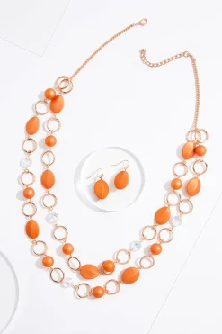Orange Gold Layered Long Necklace Set