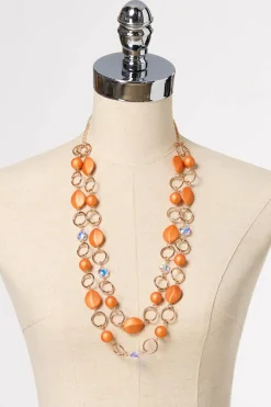Orange Gold Layered Long Necklace Set