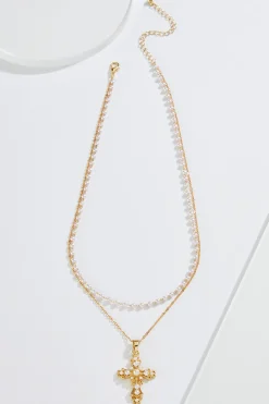 Pearl Cross Pendant Layered Necklace