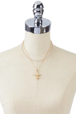 Pearl Cross Pendant Layered Necklace