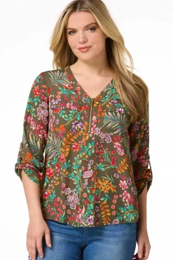 Petite Garden Floral Zip Front Top
