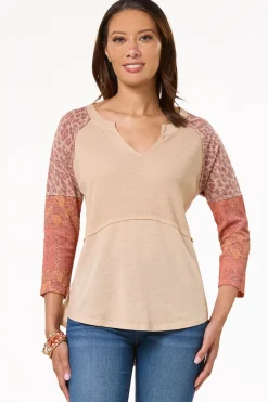 Print Mix Sleeve Notch Neck Top