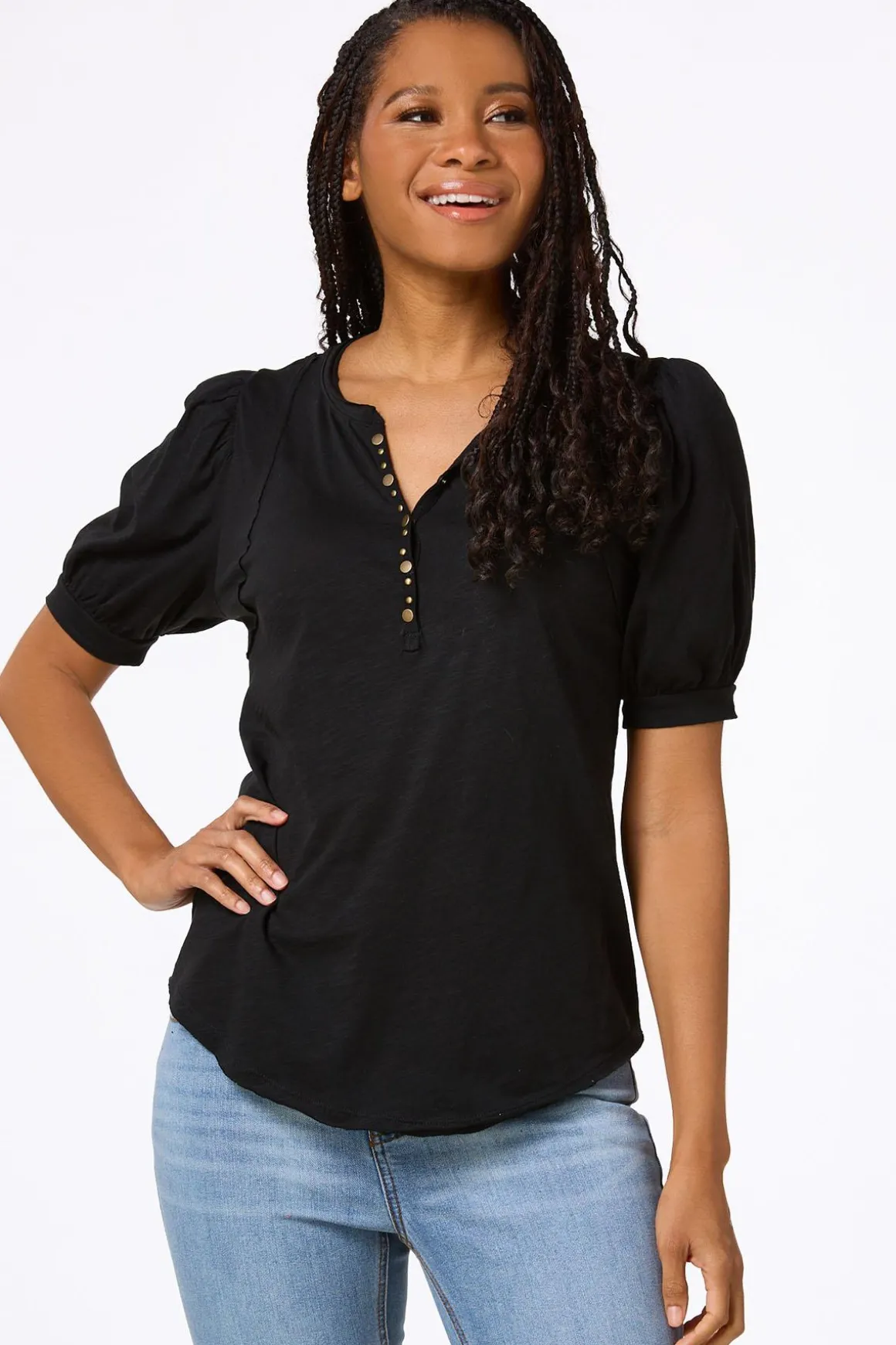 Puff Sleeve Snap Henley
