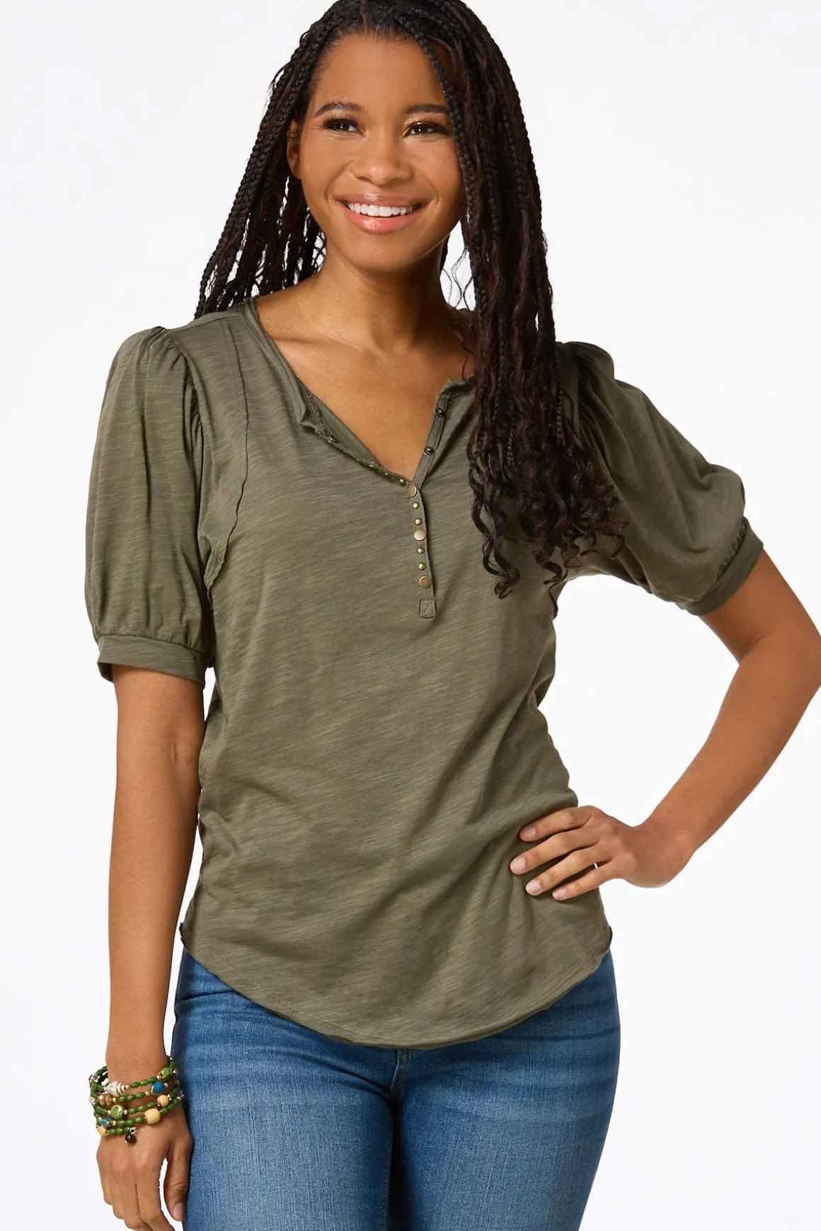 Puff Sleeve Snap Henley