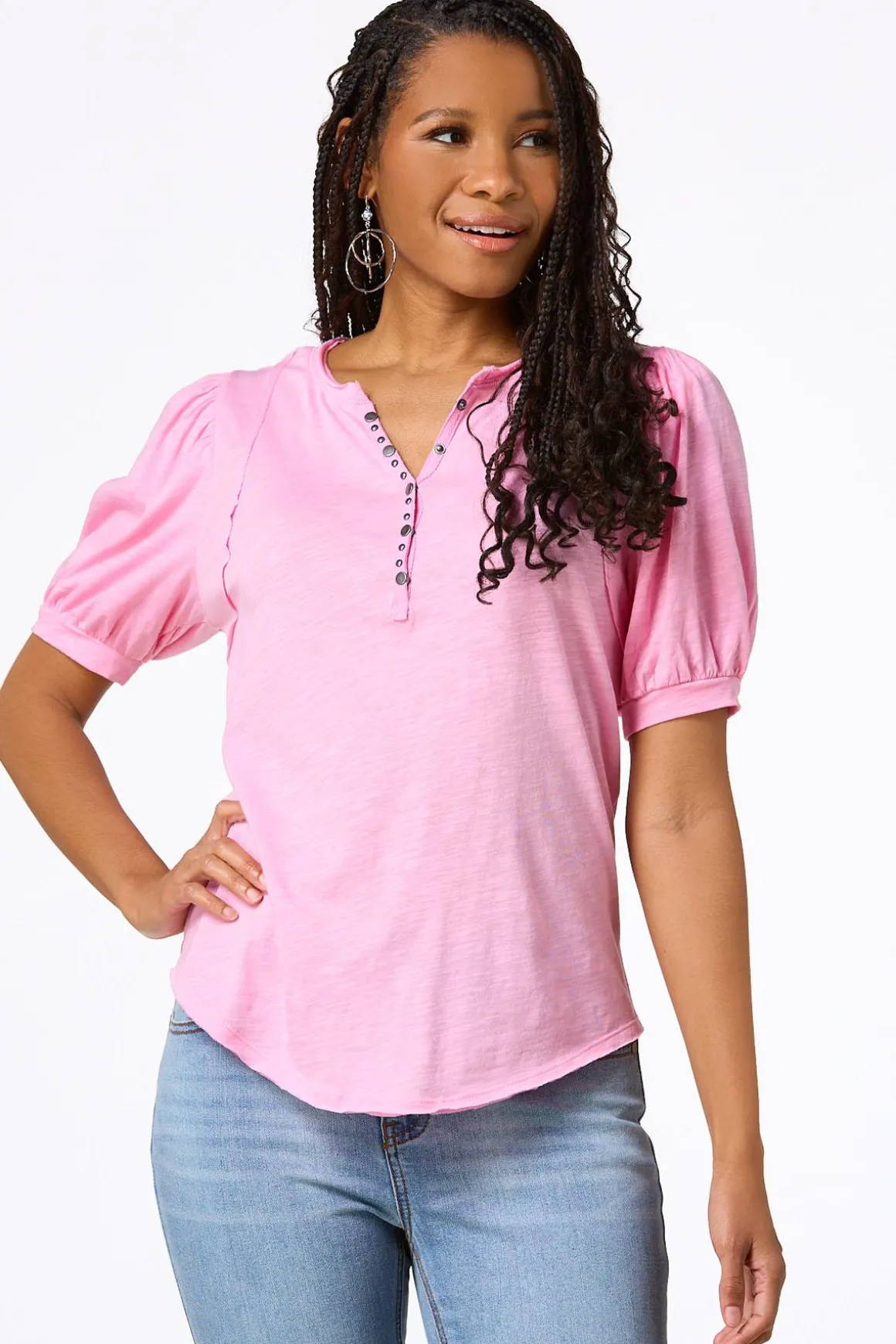 Puff Sleeve Snap Henley