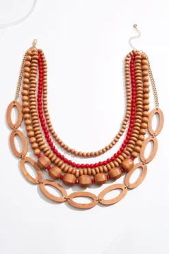 Red Bead Wood Mix Layered Necklace