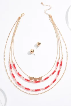 Red Pink Mixed Bead Necklace Set