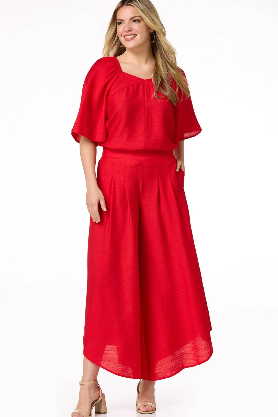 Red Pleated Wide Leg Pants