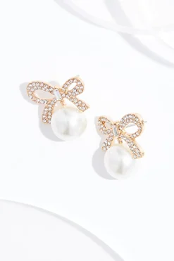 Rhinestone Bow Pearl Button Earrings