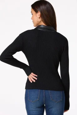 Ribbed Faux Leather Collar Sweater