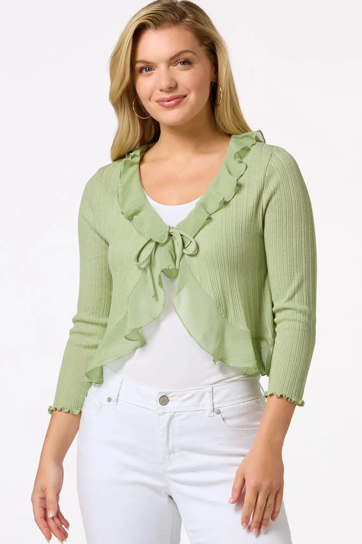 Ribbed Ruffled Trim Cardigan