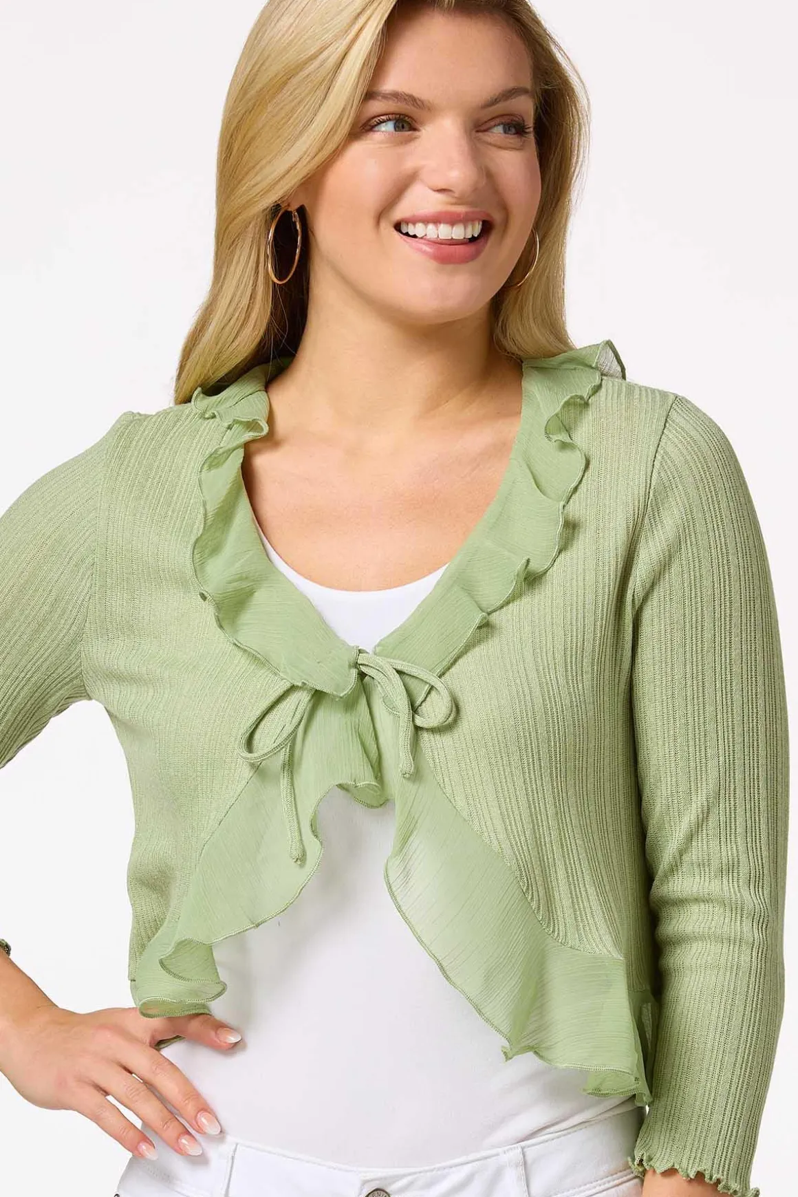 Ribbed Ruffled Trim Cardigan