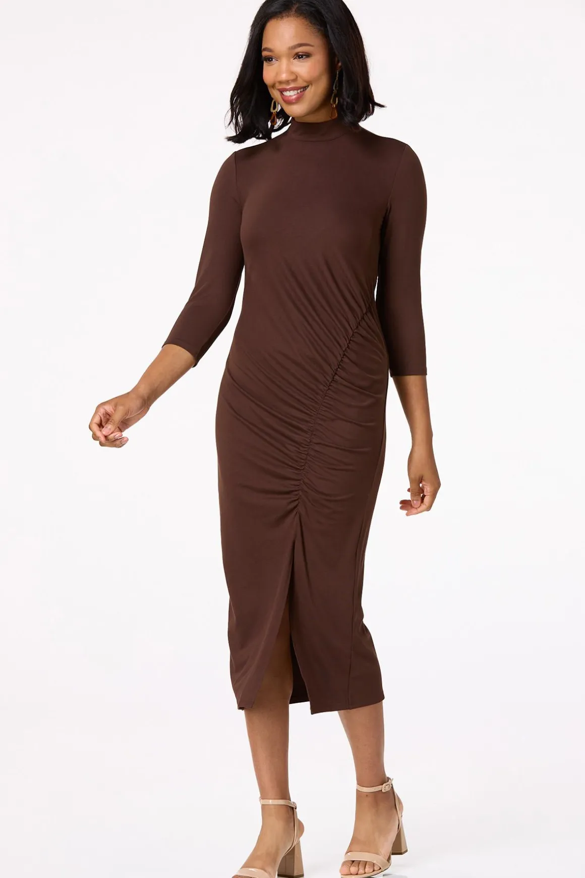 Ruched Mock Neck Midi Dress