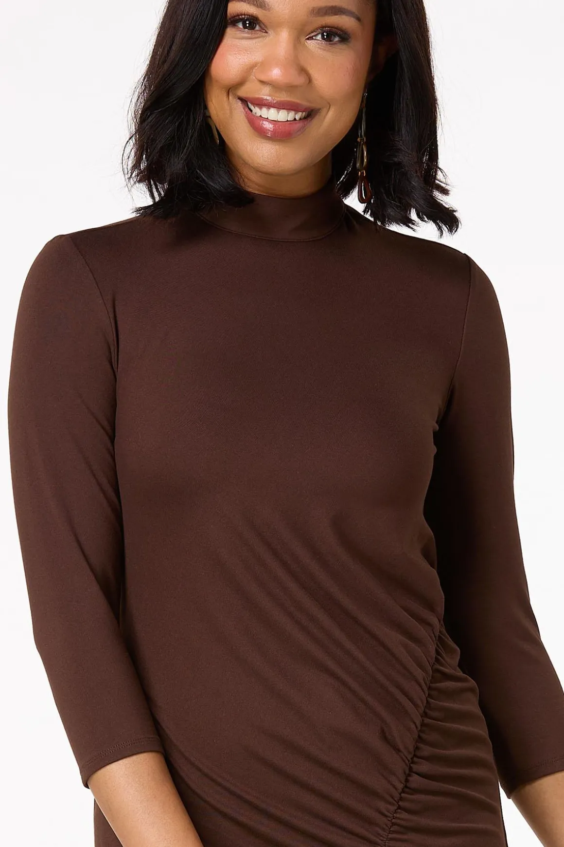 Ruched Mock Neck Midi Dress