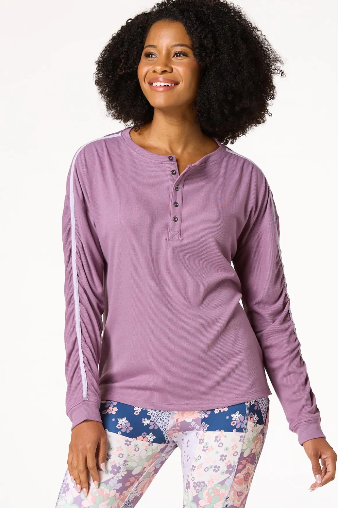 Ruched Ribbed Henley Top
