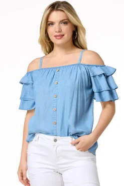 Ruffled Cold Shoulder Top