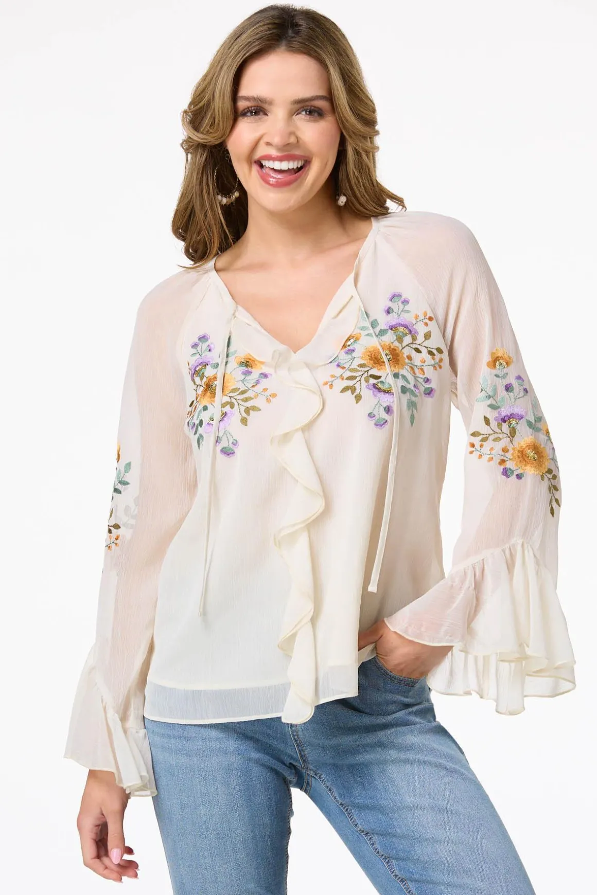 Ruffled Embroidered Poet Top